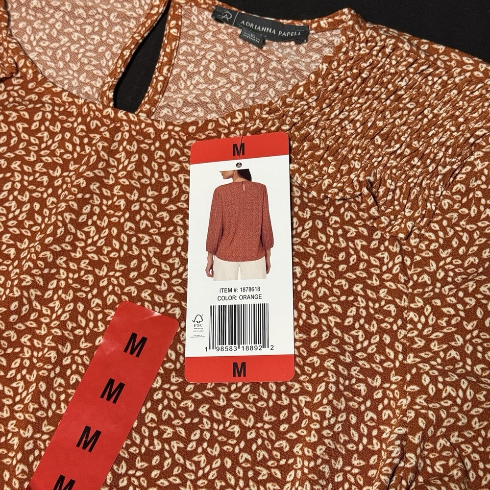 Adrianna Papell Womens Blouse 3/4 Sleeve Orange White Size M Top NWT - Picture 2 of 5